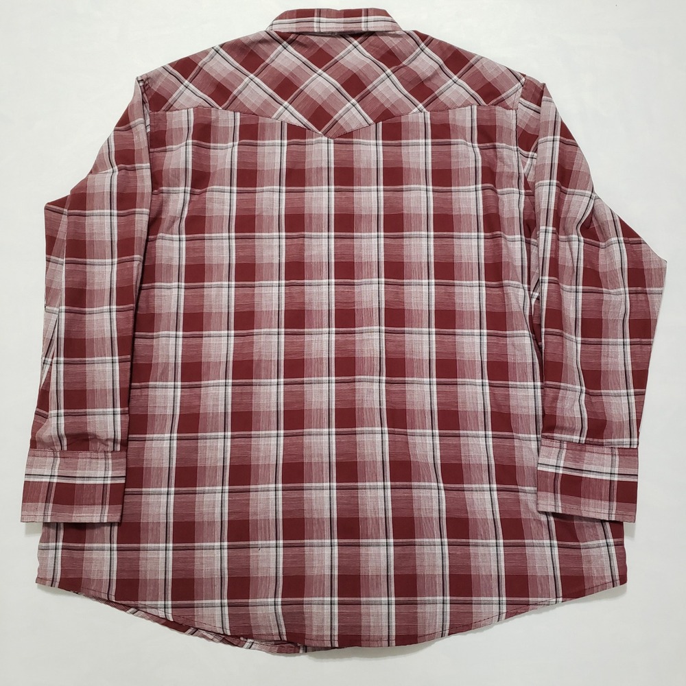 Wrangler Western Shirts Men's‎ 2XL Long Sleeve Plaid Pearl Snap Shirt Burgundy - Picture 6 of 13